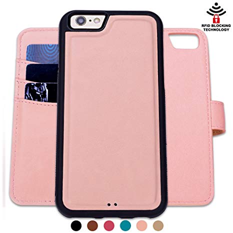 SHANSHUI Wallet Case Compatible Apple iPhone 6/6s, PU Leather RFID Blocking Flip Magnetic Detachable Folio Card Slot Kickstand Wallet Case (Rose red 4.7 inch