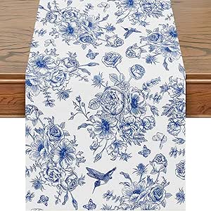 Snycler 13x72 Inch Table Runner Blue Monochrome Sketch Flower Birds Butterfly Table Cover Retro Floral Kitchen Dining Table Decoration for Indoor Outdoor Home Party Restaurant Supplies