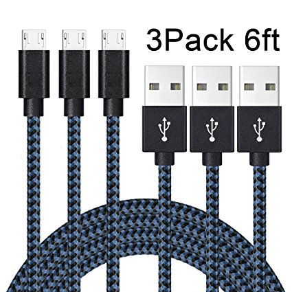 Micro USB Cable,Akaho 3Pack 6FT Long Nylon Braided High Speed 2.0 USB to Micro USB Charging Cables Android Fast Charger Cord for Samsung Galaxy S7 Edge/S6/S5,Note 5/4/3,HTC,Tablet(Black Blue)