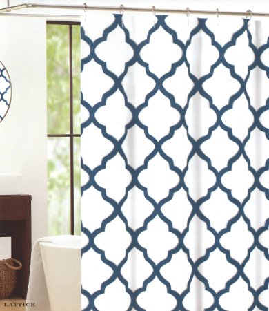 Max Studio Home Cotton Shower Curtain Moroccan Tile Quatrefoil Blue Silver and White Lattice 72-inch By 72-inch