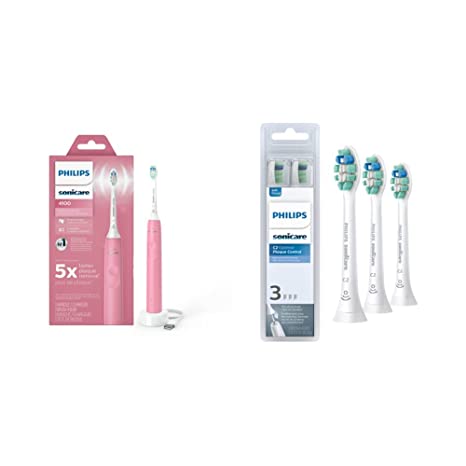 Philips Sonicare 4100 Electric Rechargeable Power Toothbrush, Pink, with Genuine Optimal Plaque Control Replacement Toothbrush Heads, White, 3 Pack