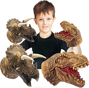 Yolococa Dinosaur Hand Puppets Realistic Latex Soft Animal Head Toys Set, Tyrannosaurus, Triceratops Hand Puppet Toys Gift for Kids, Party Imaginative Games, 2 Pack