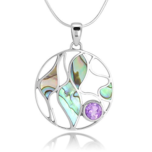 Sterling Silver Amethyst Gemstone Green Abalone Shell Leaves Design Round Pendant Necklace 18"