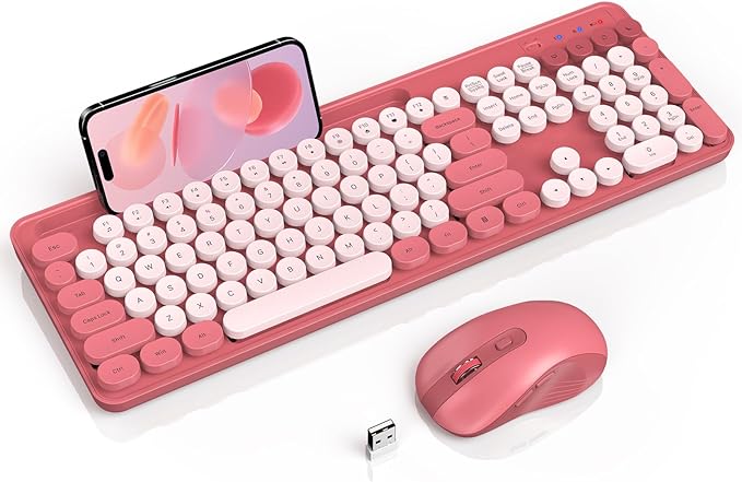 Wireless Keyboard and Mouse Combo, Retro Round Keycap Typewriter Keyboard with Phone/Tablet Holder, Cute Colorful Keyboard for Computer/Laptop/Windows/Mac by SABLUTE, Pink