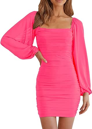 MEROKEETY Women Square Neck Lantern Long Sleeve Mesh Ruched Bodycon Clubwear Mini Dress