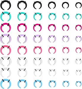 Yolev 48Pcs Acrylic Pincher Tapers Septum Ring C Shape Buffalo Septum Stretching Kit Stretcher Expander Rings Piercing Jewelry With Black O-Rings Lip Ring Silver Black Gold Septum Rings Septum Jewelry