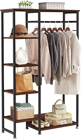 VECELO Free-Standing Garment Rack, Heavy Duty Closet Storage Organizer with 5 Shelves and Hanging Rod, Black Metal Frame, Easy Assembly, Rustic Brown