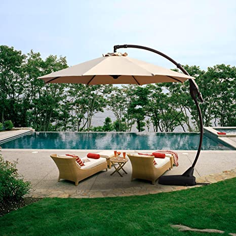 Grand patio Outdoor 11 FT Offset Umbrella with Base Included, Curved and Cantilevered, Aluminum (Champagne)