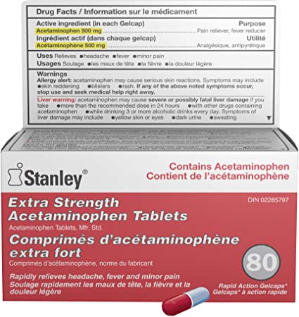 Stanley Pharmaceuticals Extra Strength Acetaminophen, Rapid Action, Relieves Fever and Minor Pain, 500mg, 80 Gelcaps