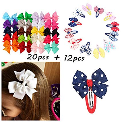 Mintbon 20PCS Baby Girls Grosgrain Ribbon Pinwheel Hair Bow Alligator Clips Barrettes with 12PCS Snap Hair Clips Barrettes for Toddlers Kids Teens Children