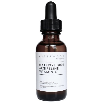 Matrixyl 3000 30% + Argireline 30% + Vitamin C 20% Serum with Organic Hyaluronic Acid 20% 1 oz - Reduce Sun Spots, Wrinkles, Our Most Powerful Triple Combination - Asterwood Naturals - 1 Ounce Bottle