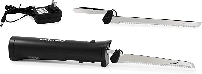 Elite Gourmet EK9810 Professional Cordless Rechargeable Easy-Slice Electric Knife with 4 Serrated Blades and Safety Lock Trigger Release, Carving Meats, Poultry, Bread, Black