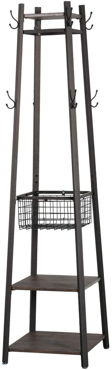 VECELO Industrial Coat Rack Enterway Clothes Stand with 2 Tier Storage Shelves/Basket,Upgrade Hall Trees with 8 Dual Hooks,Vintage Brown Black