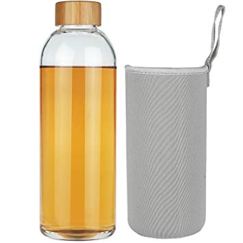 SHBRIFA Glass Water Bottle - Beverage Bottle with Neoprene Sleeve & Leak-proof Bamboo Lid, BPA Free, Break Resistant Borosilicate Glass, Best As Drinking Bottle, Juice Container, 350ml/550ml/1000ml