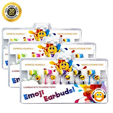 Vias Emoji Earbud 5 Pack of Assorted Smile Face Expressions Headphones Earbuds 3.5mm for iPod / SmartPhone / Tablet. Great for Kids, Boys, Girls, Gifts (pack of 3)