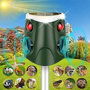 Outdoor Solar Animal Repeller, 360° Ultrasonic Animal Repeller, Animal Deterrent Rodent Repeller with 3-Side Motion Activated Flashing Lights,Solar Powered Dog Repellent for Cat Raccoon Rabbit Deer