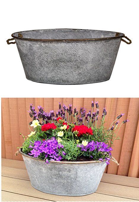 east2eden Oval 58cm Covent Garden Galvanised Metal Tin Plant Flower Planter Pot (Set of 2)