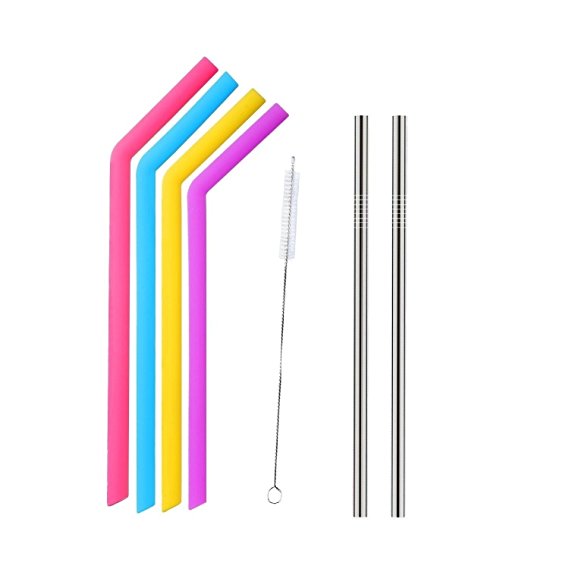 Tovantoe Silicone Straws Reusable (4pcs) and Stainless Steel Smoothie Milkshake Hot and Cold Drinks (2pcs) and Cleaning Brush(1pc), Multicolor