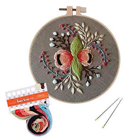 Unime Full Range of Embroidery Starter Kit with Pattern, Cross Stitch Kit Including Embroidery Cloth with Color Pattern, Embroidery Hoop, Color Threads, and Tools Kit (Floral Garland)