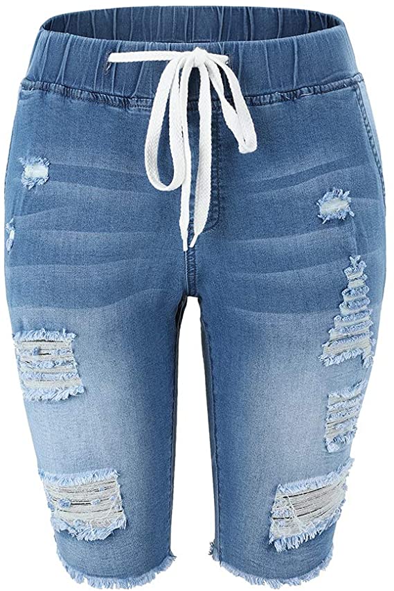 THUNDER STAR Womens Denim Ripped Bermuda Shorts Distressed Knee Length Stretch Short Jeans