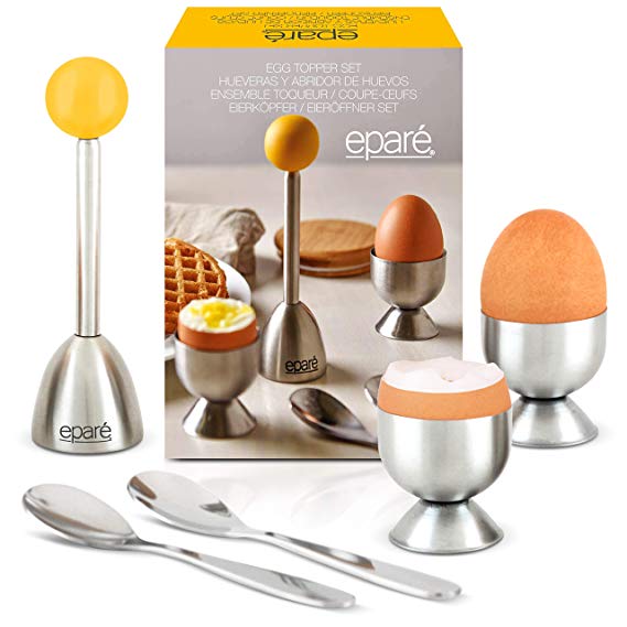 Eparé Egg Cracker Topper Set - Complete Soft Boiled Egg Tool Set - Includes Egg Cups, Cutter, Spoons - Easy Eggs Opener
