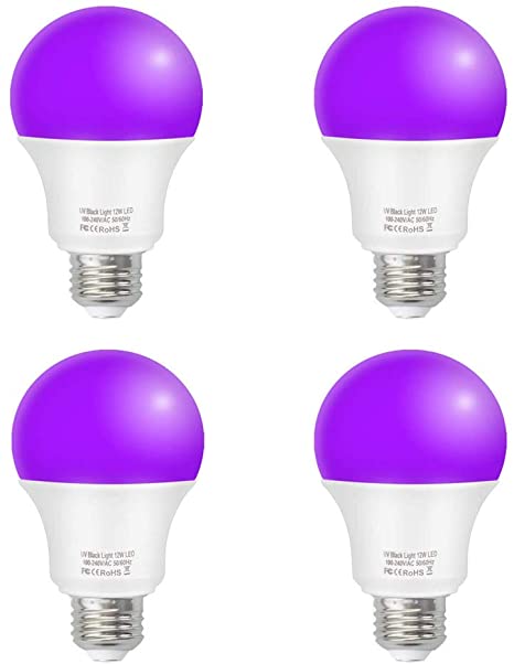 ZHMA LED Black Lights Bulb,12W E26 Medium Base Bulb,Black Light Level 380-420nm,Glow in The Dark for Blacklight Party,Body Paint, Fluorescent Poster, Neon Glow (4 Pack)