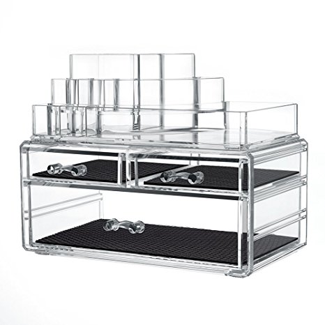TWING Premium Acrylic Makeup Jewelry Organizer Clear 9.3x5.3x7.3 inches Cosmetic Storage Drawers,Two Pieces Set Display Boxes