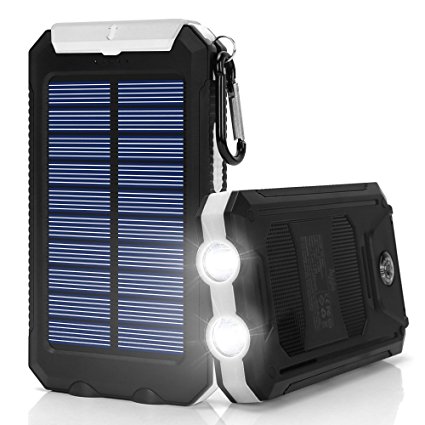 Solar Charger,10000mAh Solar Power Bank Portable External Backup Battery Pack Dual USB Solar Phone Charger with 2LED Light Carabiner and Compass for Your Smartphones and More (White)