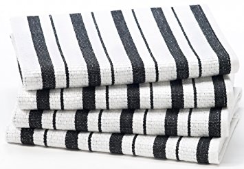 Cotton Craft - 4 Pack Dish Cloths, 15x15 - Black, Pure 100% Cotton, Crisp Basket weave striped pattern, Convenient hanging loop - Highly absorbent, Professional Grade, Soft yet Sturdy