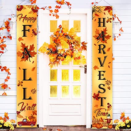 Welcome Fall Harvest Decorative Porch Sign Autumn Door Sign Pumpkin Maple Leaf for Fall Party Thanksgiving Decoration Garden Yard (Orange Happy Fall Y'all)