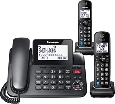 Panasonic Corded Phone System, Bluetooth Pairing for Wireless Headphones and Smart Call Block and Bilingual Talking Caller ID, 2 Handset Expandable up to 6 Cordless Handsets - KX-TGF892B (Black)