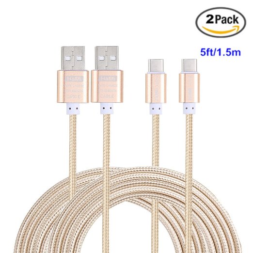 Hami Braided Type A to Type C Reversible - USB 30 Fast Data Sync and Charging Cord for USB Type C Phones and Tablets Google Nexus Nokia N1 Tablet etc 2 Pieces 5 Feet 15 Meter - Gold