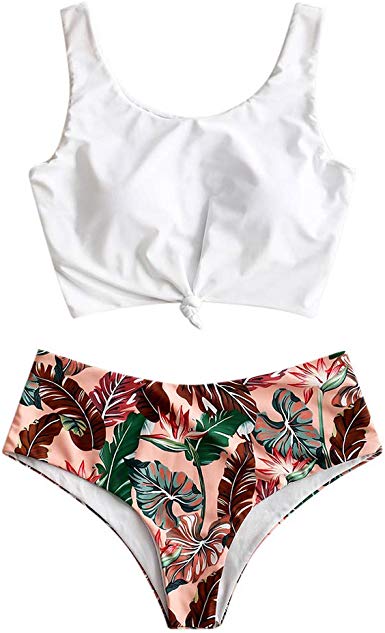 ZAFUL Women's Scoop Neck Tropical Leaf Knotted Two Pieces Tankini Set Swimsuit