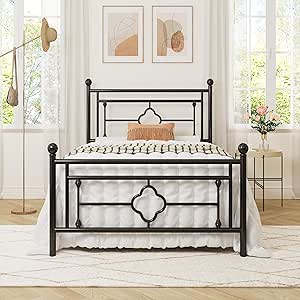 Allewie Twin Size Metal Platform Bed Frame with Victorian Vintage Headboard and Footboard/Mattress Foundation/Under Bed Storage/No Box Spring Needed/Noise-Free/Easy Assembly, Black