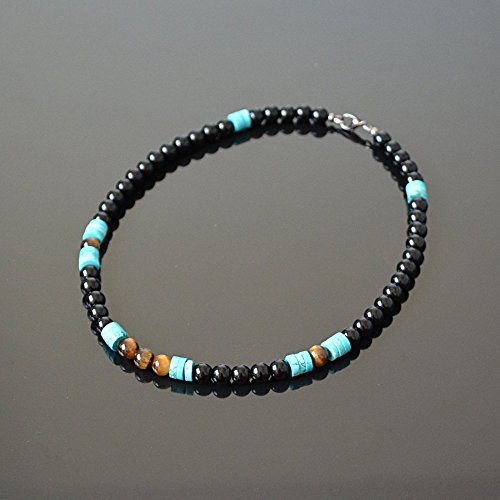 Black Onyx Tigers Eye and Turquoise Native American Inspired Handmade Natural Gemstone Crystal Jewelry Rocker Surfer Tribal Ethnic Mens Choker Necklace