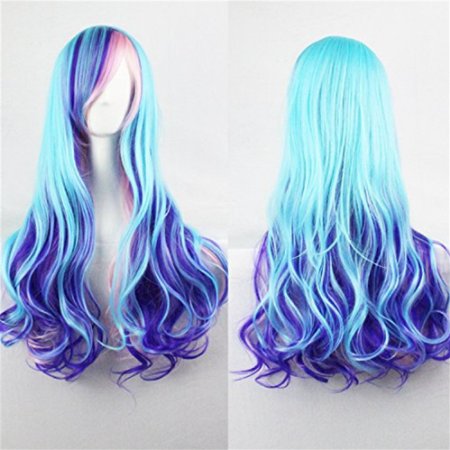 Upgrade Version Wig Gradient Long Curly Hair Cosplay Party Costume Wig  a Free Hairnet Blue Mixed Pink BU040