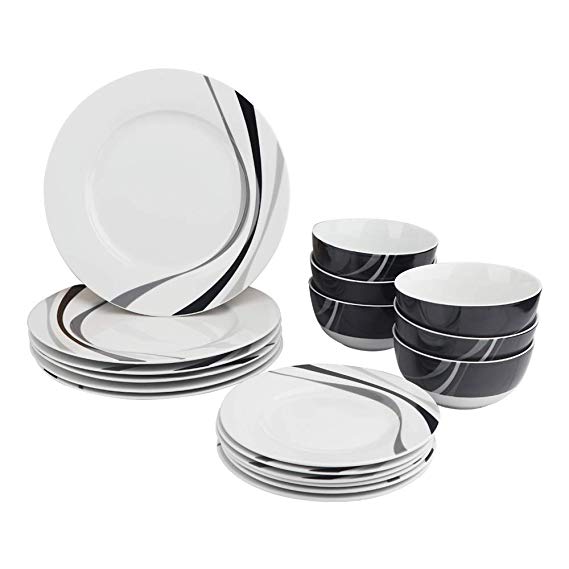 AmazonBasics 18-Piece Kitchen Dinnerware Set, Dishes, Bowls, Service for 6, Swirl