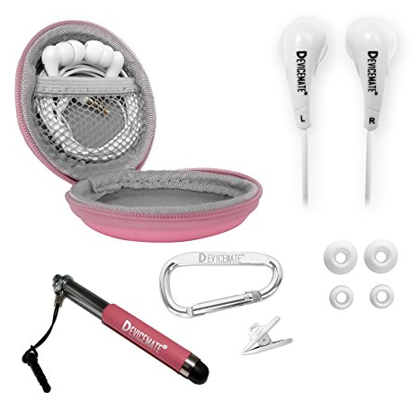 Devicemate SD 455 In-Ear Earphones with Microphone & [Pink] Case | Ergonomic TPE Earbud Set for iPhone, iPad, iPod, Android, Samsung Galaxy & More
