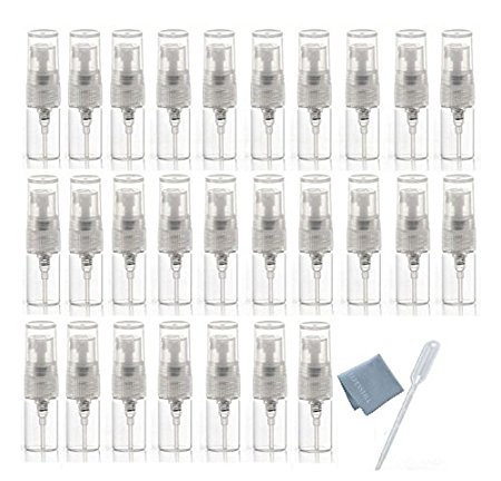 Elfenstall- 30pcs Mini Clear 2ml 5/8Dram Atomizer Vial Glass bottle Spray Refillable Perfume Empty Sample Bottle Clean Cloth Free 3ML Pipette for Travel Party
