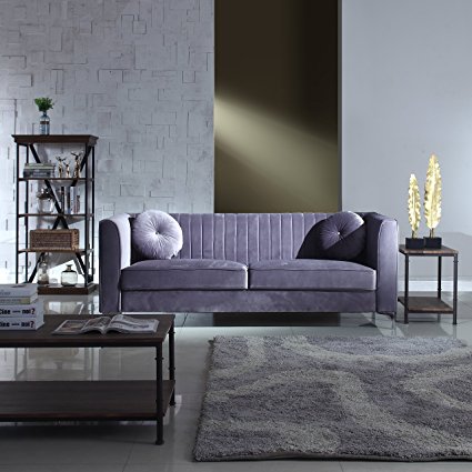 Classic and Traditional Living Room Marilyn Velvet Sofa with Tufted Accent Pillows (Grey)