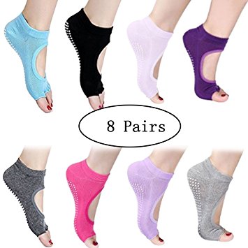 URBEST® Sports Fitness Non Slip Cotton Women Yoga Socks Separated Half 5 Toes Backless Dance Pilates Ankle Grip Socks (8 pairs C)