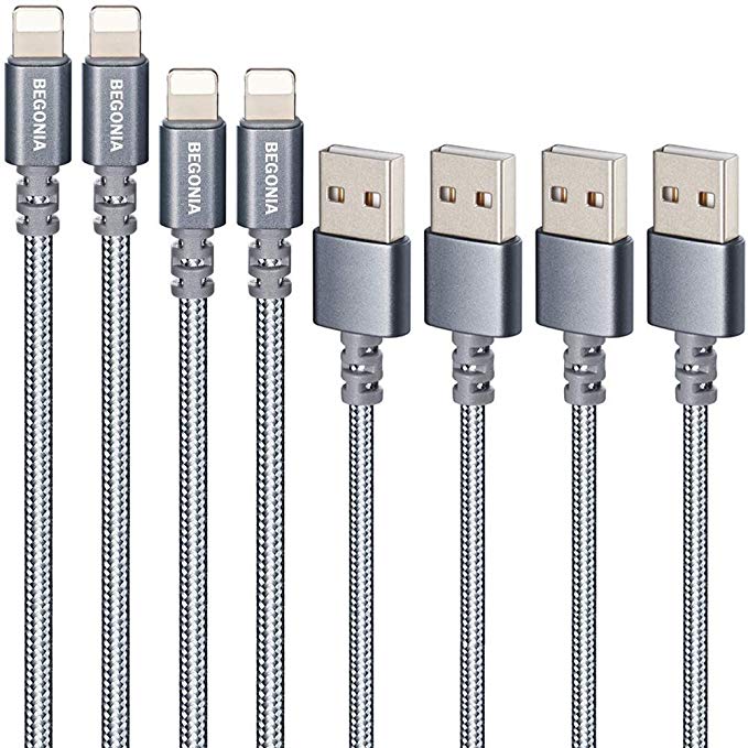 Begonia Nylon Braided USB Cable 4PACK (3FT,6Ft) Phone Charger Fast Charging Cable Cord Compatible Phone,Pad, Pod and More (Cool Grey)