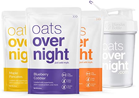 Oats Overnight Plant Based 3 Pack with BlenderBottle - Premium High-Protein, Low-Sugar, Gluten-Free (2.6oz per pack)