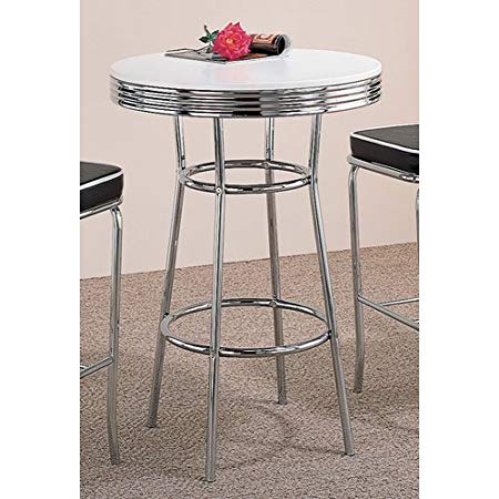 Coaster 50's Soda Fountain White Contemporary Round Bar Table with Chrome Pedestal