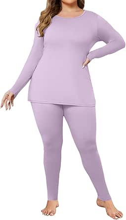 Ekouaer Plus Size Womens Long Underwear Set Oversize Thermal Set Lightweight Base Layer Pajamas 2 PCS Warm Tops & Bottom