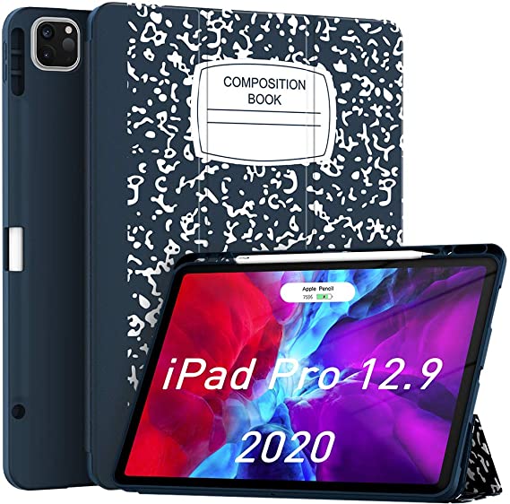 Soke New iPad Pro 12.9 Case 2020/2018 with Pencil Holder [Apple Pencil Charging Supported   Auto Wake/Sleep], Soft TPU Smart Cover for iPad Pro 4th/3rd Generation (Book Navy)