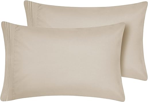 CozyLux Pillow Cases Queen Size Set of 2 Luxury 1800 Series Double Brushed Microfiber Bed Pillow Cases Embroidered 2 Pack 20x30, Beige Pillow Covers with Envelope Closure,Soft and Comfortable