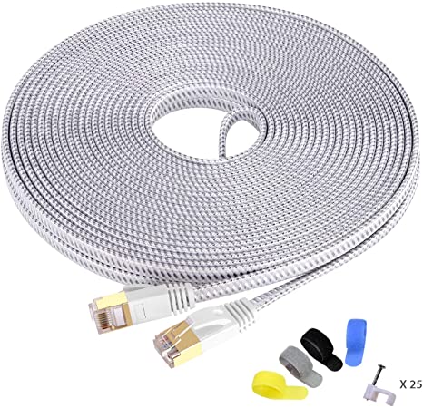 Cat 7 Ethernet Cable, CableGeeker Nylon Braided Shielded Ethernet Cable 50ft - Flat RJ45 Network LAN Cable Support 10Gbps 600Mhz - Compatible with Cat5/Cat6 Network - White