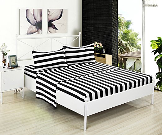 Kuality Black White Striped Brushed Microfiber Bedding 4pc, Wrinkle,Stain & Fade Resistant Easy Care Soft Bed Sheet Set(1 Fitted Sheet, 1 Flat Sheet, 2 Pillow Cases/Shams), Full Size, Stripe Pattern