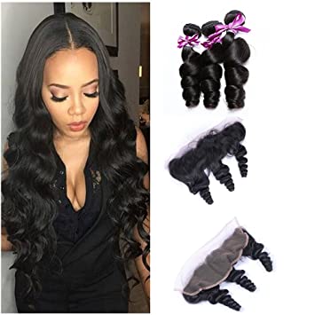 Perstar Loose Wave Bundles With Lace Frontal Closure 13x4 Ear To Ear Frontal and Bundles Unprocessed Brazilian Virgin Human Hair Bundles Loose Wave Hair Natural Black 22"24"26" 20"
